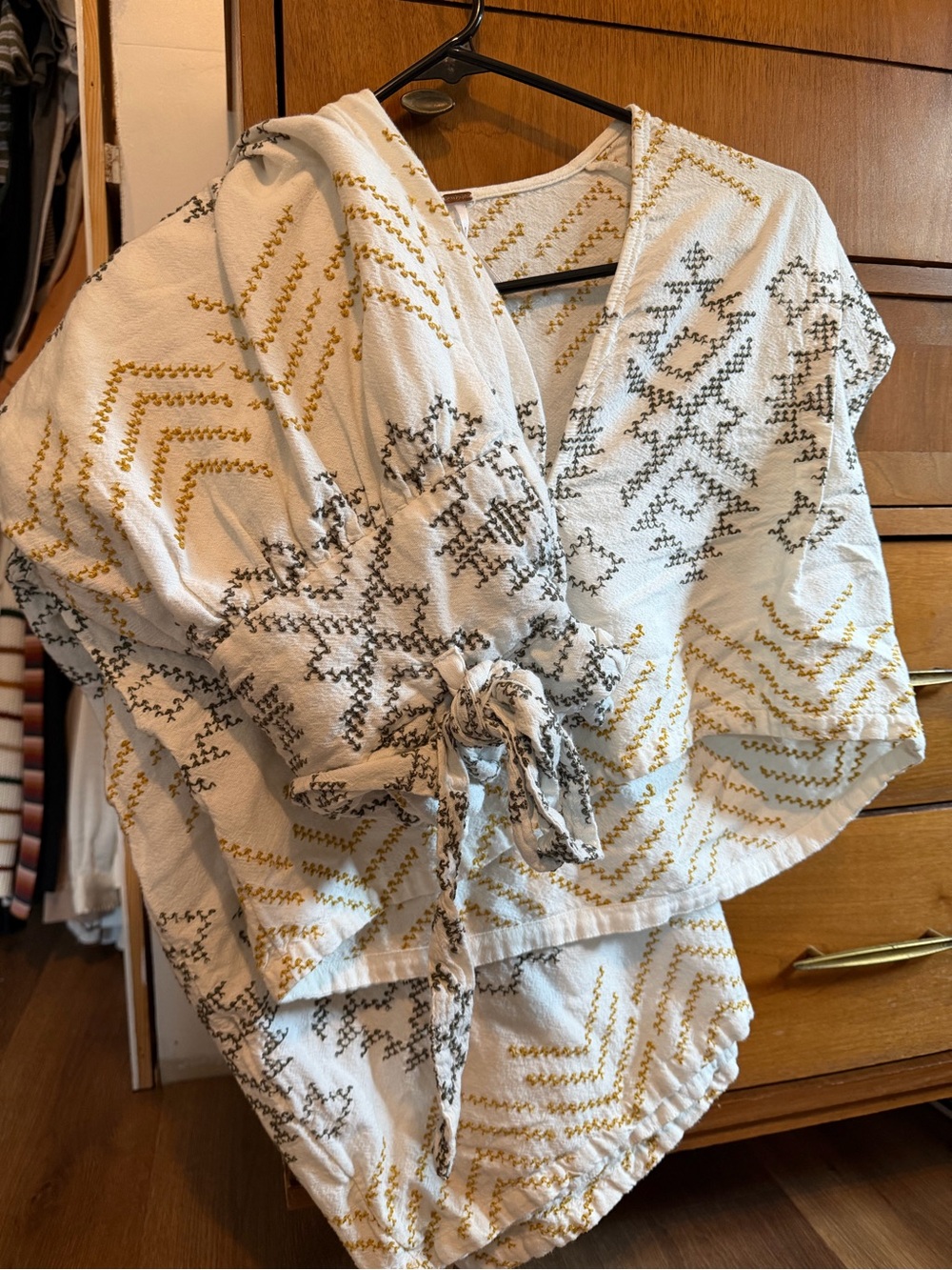 Free People ivory set Embroidered V‑Neck Tie‑Front wide leg Gold & Green